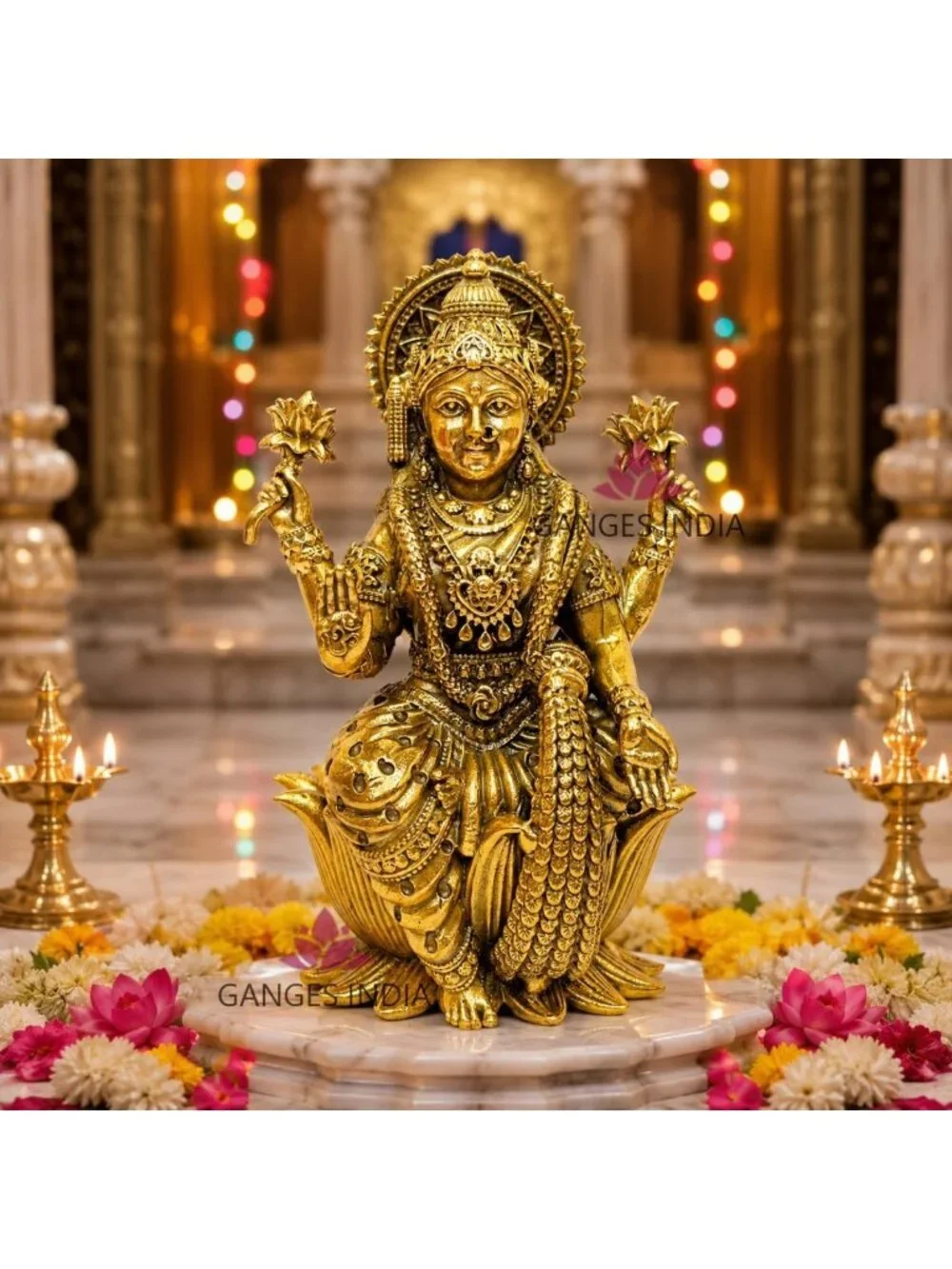 Brass Lakshmi Statue - Seated on Lotus, Ornate Religious Figurine for Home